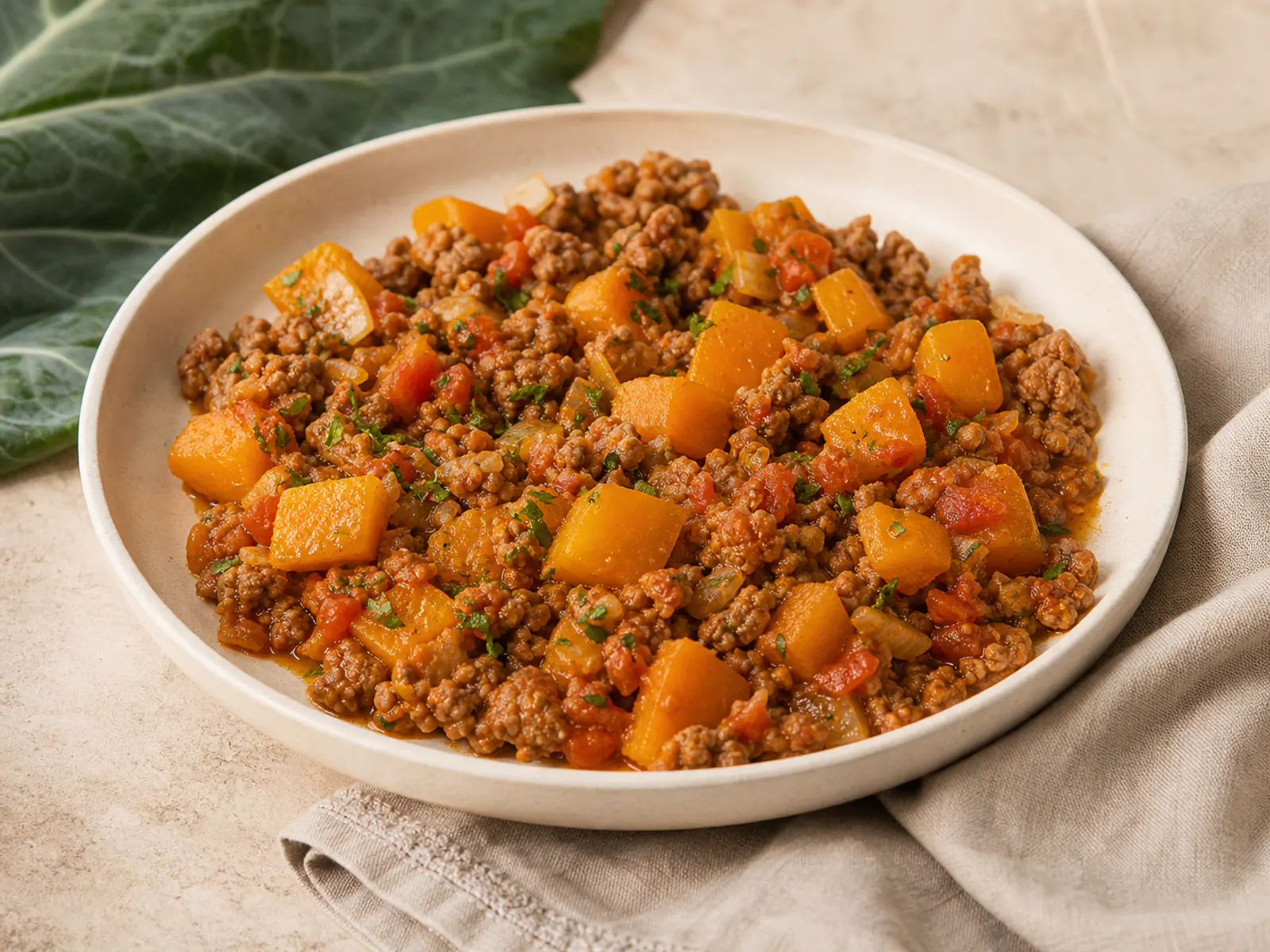 Carne moída com cubos de abóbora e molho de tomate em prato fundo.