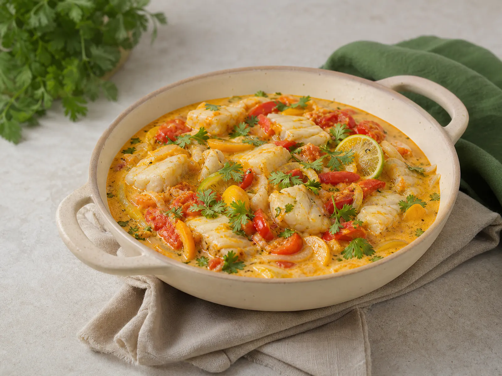 Moqueca leve de peixe com pimentões, tomate e ervas em caçarola.